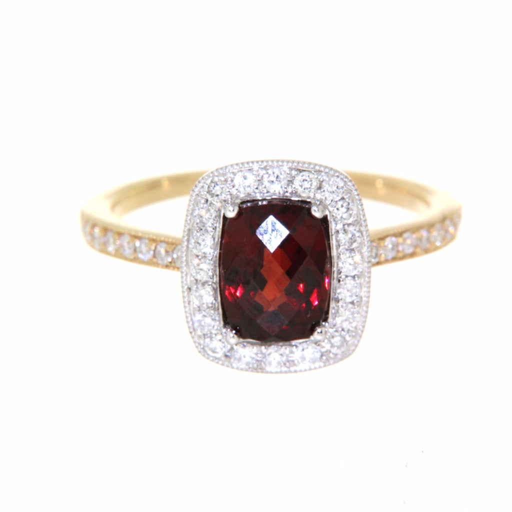 9ct yellow gold & white gold garnet & diamond cluster ring